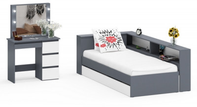 Ксения Кровать с ящиками 0900 + прикроватный блок + Столик с подсветкой Сура, графит/белый