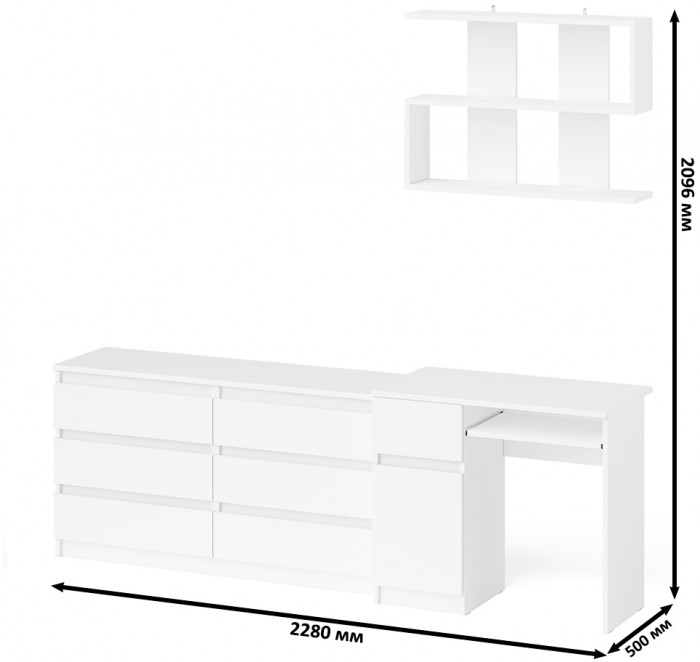 Мори компьютерный стол МС-1 левый + Комод МК1380.6 + Полка 900, белый