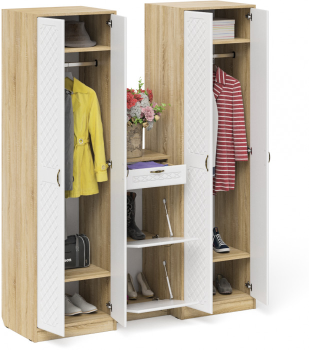 Прихожая П-6 Компоновка № 13, дуб сонома/фасады МДФ белое дерево фрезеровка ромб