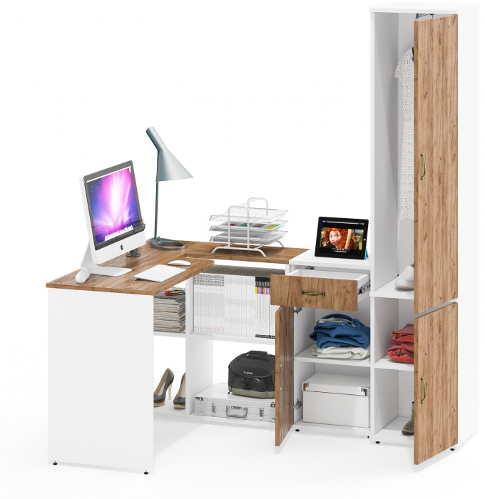 Лидер-8 Стол + Тумба МД 3.15 + Пенал МД 21Б, белый шагрень/крафт золото