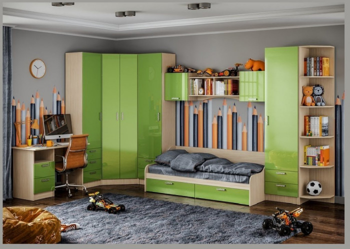 Модульная детская Юниор-7 МДФ (композиция 1) (Ясень шимо светлый, Салатовый)