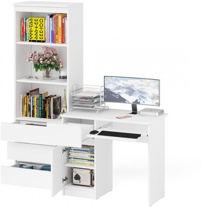 Мори Стол компьютерный МС-1 левый + Стеллаж МСТ600.3, цвет белый, ШхГхВ 150,4х50х179,6 см., выдвижной ящик слева, НЕ универсальная сборка