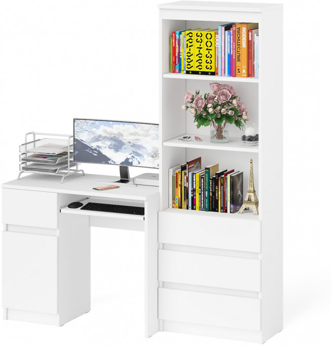 Мори Стол компьютерный МС-1 левый + Стеллаж МСТ600.3, цвет белый, ШхГхВ 150,4х50х179,6 см., выдвижной ящик слева, НЕ универсальная сборка