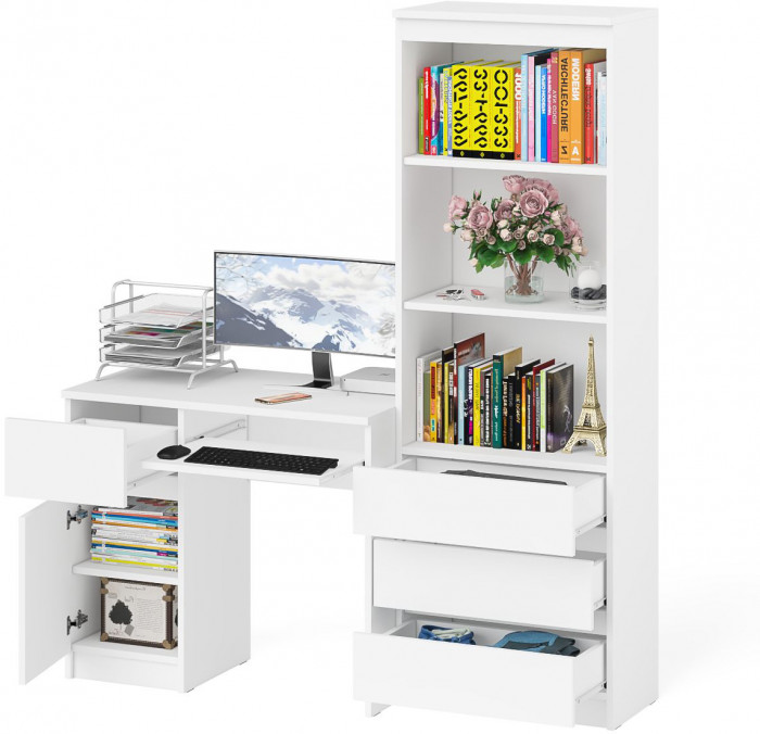 Мори Стол компьютерный МС-1 левый + Стеллаж МСТ600.3, цвет белый, ШхГхВ 150,4х50х179,6 см., выдвижной ящик слева, НЕ универсальная сборка
