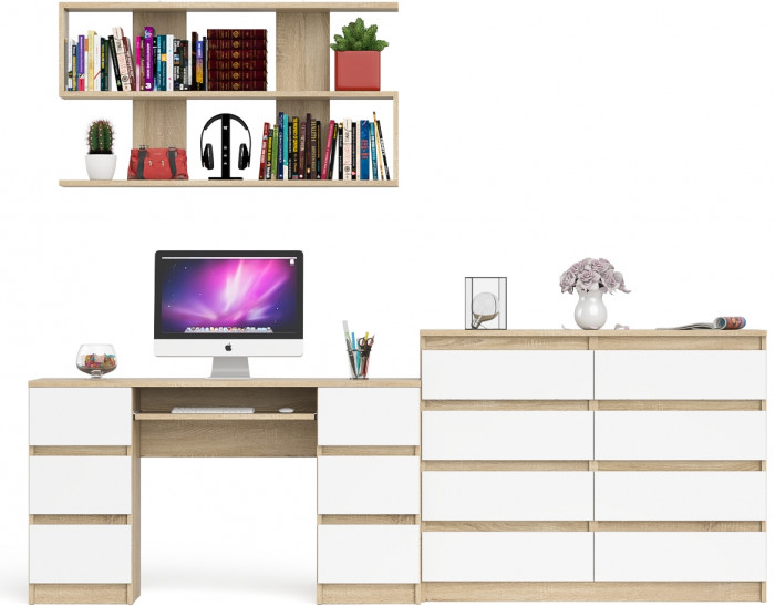 Мори компьютерный стол МС-2 + Комод МК1200.8 + Полка 1200, дуб сонома/белый