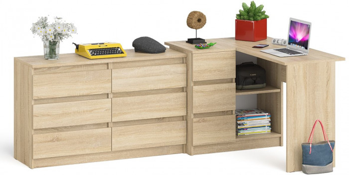 Мори Стол компьютерный МС-16 левый + Комод МК1200.6, цвет дуб сонома, ШхГхВ 244,8х84,9х76,6 см., выдвижные ящики слева, НЕ универсальная сборка