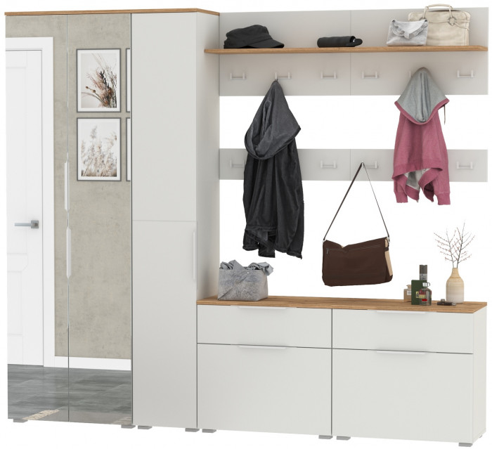 Октава Прихожая 33, цвет белый шагрень/дуб крафт золотой/фасады МДФ белый шагрень, ШхГхВ 226,4х35,4х197,6 см., универсальная сборка