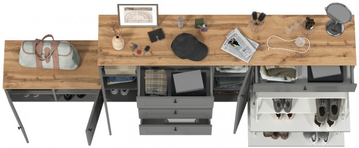 Остин 16.221 Комод + 16.121 Тумба для обуви + 13.257 Тумба, цвет серый графит/дуб крафт золотой, ШхГхВ 280х41,9х99,3 см.