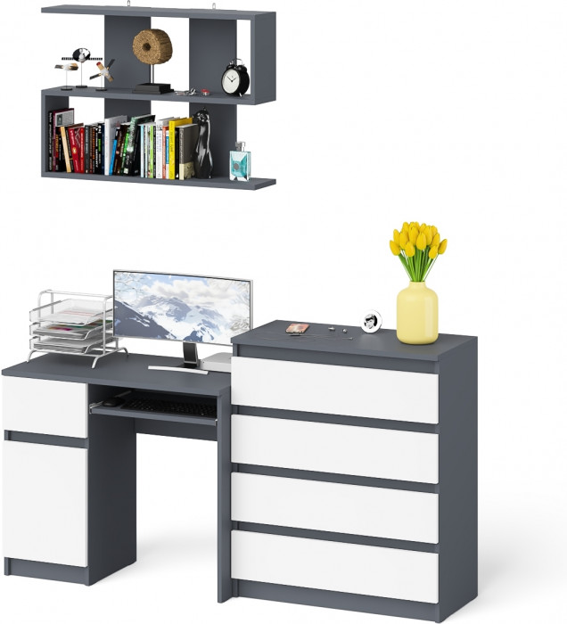 Мори компьютерный стол МС-1 левый + Комод МК800.4 + Полка 900, графит/белый