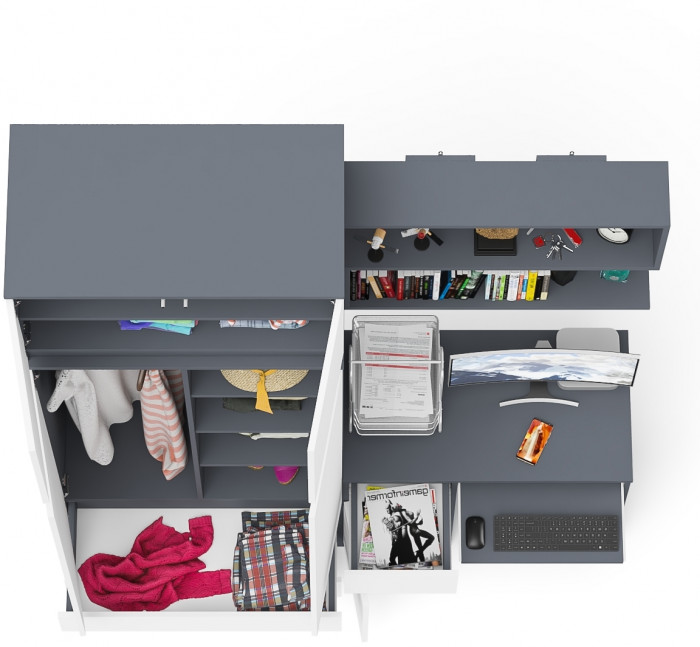 Мори компьютерный стол МС-1 левый + Шкаф МШ900.1 + Антресоль МА900.1 + Полка 900, графит/белый