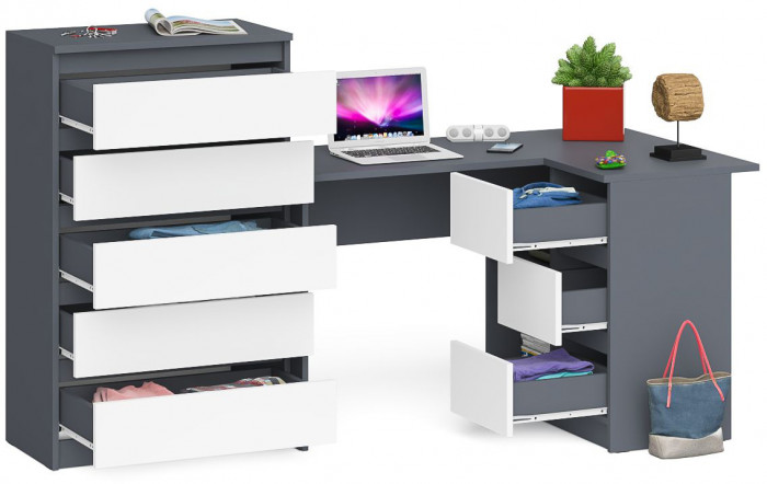 Мори компьютерный стол МС-16 правый + Комод МК700.5, графит/белый
