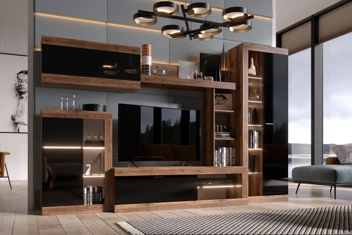 Прага Модульная Гостиная, вариант №4, делано/Черный глянец