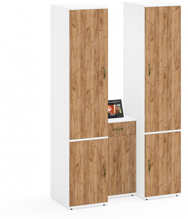 Лидер-8 Пенал МД 23Б + Пенал МД 23Б + Тумба МД 3.15, цвет белый шагрень/крафт золото, ШхГхВ 120х50х190 см., универсальная сборка