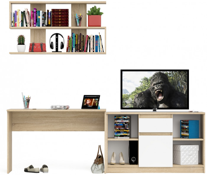 Мори Стол письменный МСП1200.1 + Тумба МТВ1204.1 + Полка 1200, цвет дуб сонома/белый, ШхГхВ 240,8х50х209,6 см., универсальная сборка