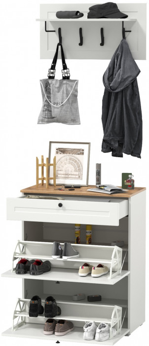 Остин 16.121 Тумба для обуви + 15.12 Вешалка, цвет белый шагрень/дуб крафт золотой, ШхГхВ 80х41,6х210 см.