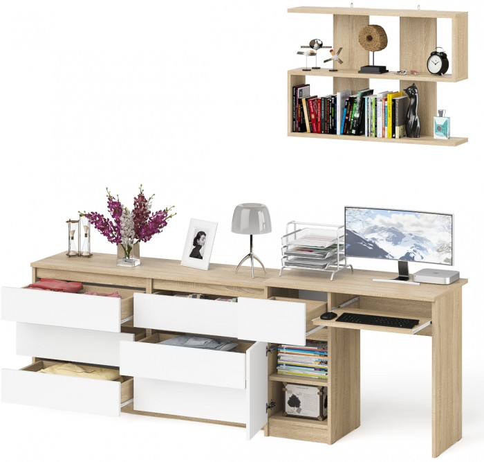Мори компьютерный стол МС-1 левый + Комод МК1380.6 + Полка 900, дуб сонома/белый
