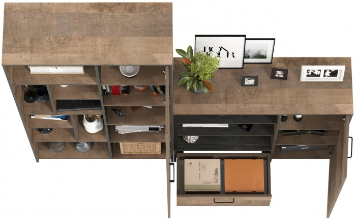 Трувор 13.206 Шкаф-стеллаж + 13.307.01 Комод, цвет дуб гранж песочный/интра, ШхГхВ 202х37х194,2 см., универсальная сборка