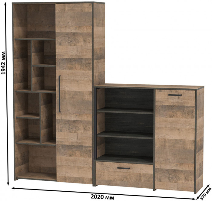 Трувор 13.206 Шкаф-стеллаж + 13.307.01 Комод, цвет дуб гранж песочный/интра, ШхГхВ 202х37х194,2 см., универсальная сборка