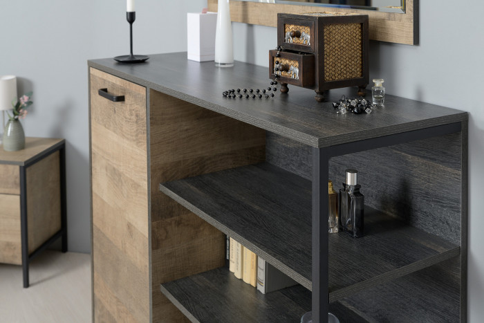 Трувор 13.206 Шкаф-стеллаж + 13.307.01 Комод, цвет дуб гранж песочный/интра, ШхГхВ 202х37х194,2 см., универсальная сборка