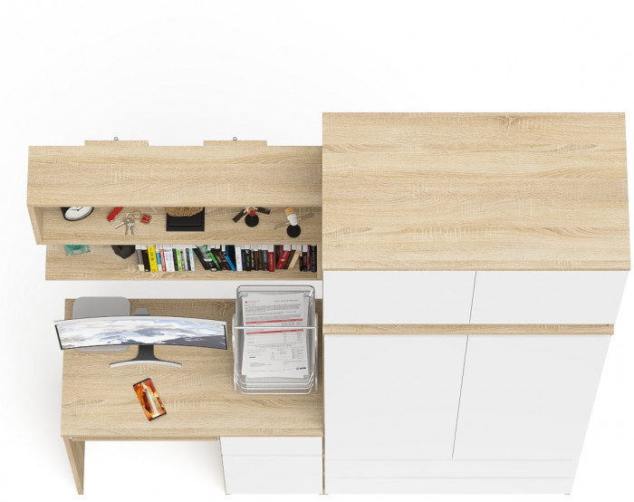 Мори компьютерный стол МС-1 правый + Шкаф МШ900.1 + Антресоль МА900.1 + Полка 900, дуб сонома/белый