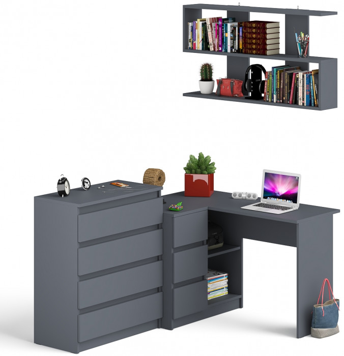 Мори компьютерный стол МС-16 левый + Комод МК800.4 + Полка 1200, графит