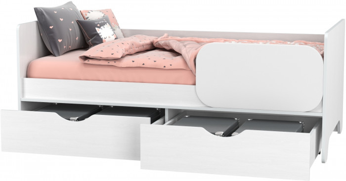 КР100 Уна 11.22 Кровать с ящиками, цвет белый(структура Поры дерева), ШхГхВ 163,8х87,6х65,3 см., 800х1600 мм., б/м, осн. есть, съёмный бортик