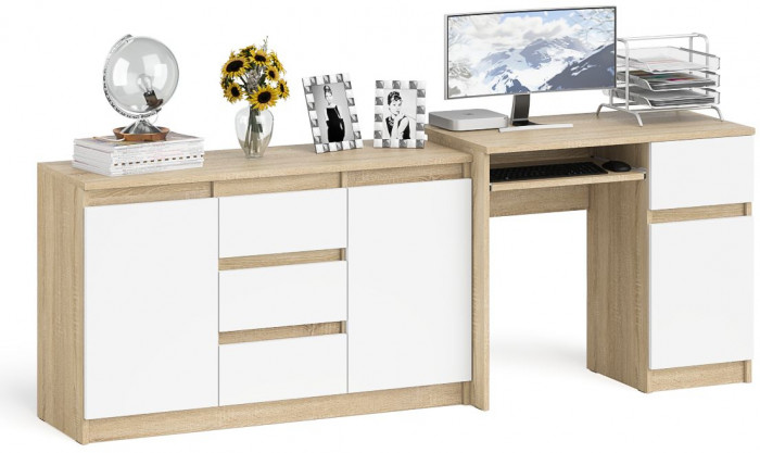 Мори Стол компьютерный МС-1 правый + Комод МК1200.3, цвет дуб сонома/белый, ШхГхВ 210,4х50х76,6 см., выдвижной ящик справа, НЕ универсальная сборка