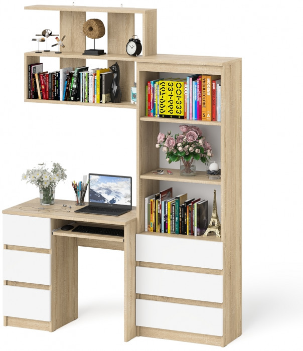 Мори Стол компьютерный МС-6 левый + Стеллаж МСТ600.3 + Полка 900, цвет дуб сонома/белый, ШхГхВ 150,4х50х209,6 см., НЕ универсальная сборка