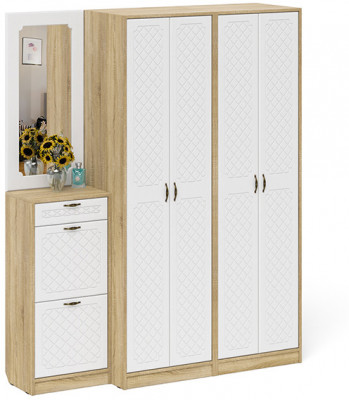 Прихожая П-6 Компоновка № 14, дуб сонома/фасады МДФ белое дерево фрезеровка ромб