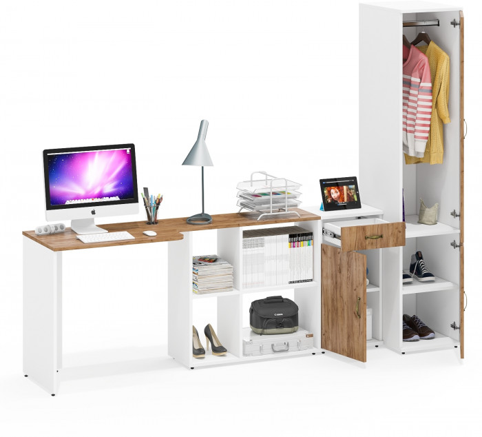 Лидер-8 Стол + Тумба МД 3.15 + Пенал МД 23Б, белый шагрень/крафт золото