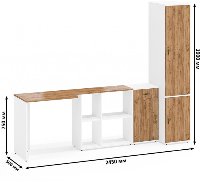 Лидер-8 Стол + Тумба МД 3.15 + Пенал МД 23Б, белый шагрень/крафт золото