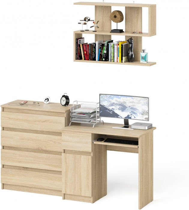 Мори компьютерный стол МС-1 левый + Комод МК800.4 + Полка 900, дуб сонома