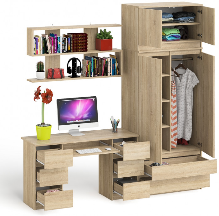 Мори компьютерный стол МС-2 + Шкаф МШ900.1 + Антресоль МА900.1 + Полка 1200, дуб сонома