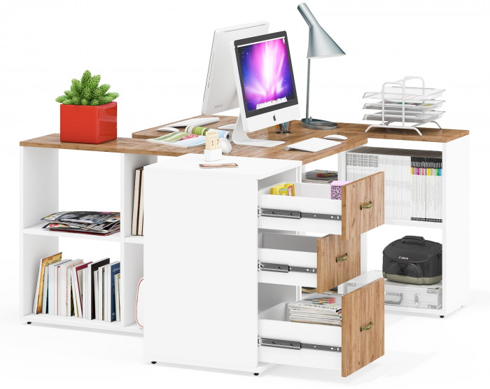 Лидер-8 Стол + Стол + Тумба МД 3.16, белый шагрень/крафт золото