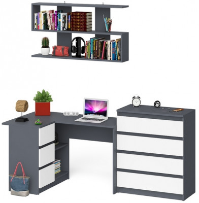 Мори компьютерный стол МС-16 левый + Комод МК800.4 + Полка 1200, графит/белый