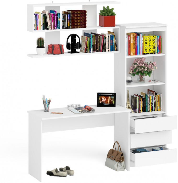Мори Стол письменный МСП1200.1 + Стеллаж МСТ600.3 + Полка 1200, цвет белый, ШхГхВ 180,8х50х209,6 см., универсальная сборка