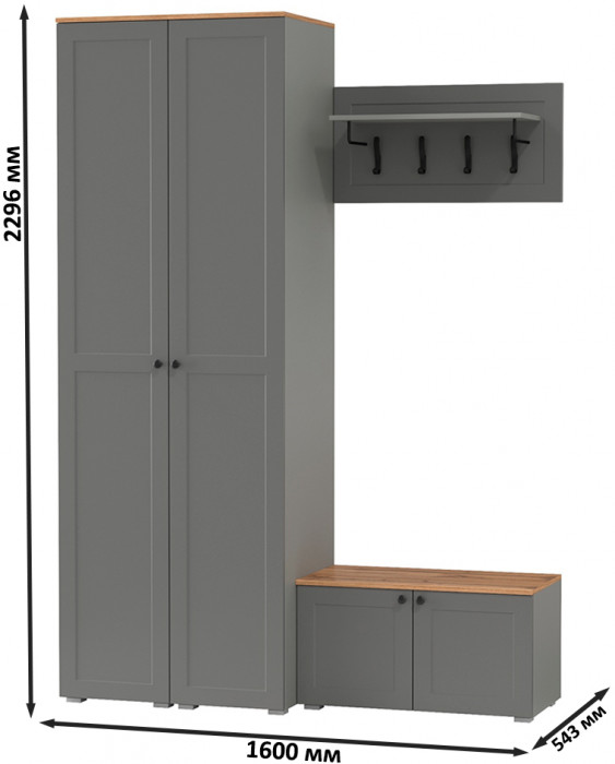 Остин Прихожая 37, цвет серый графит/дуб крафт золотой, ШхГхВ 160х54,3х229,6 см., универсальная сборка