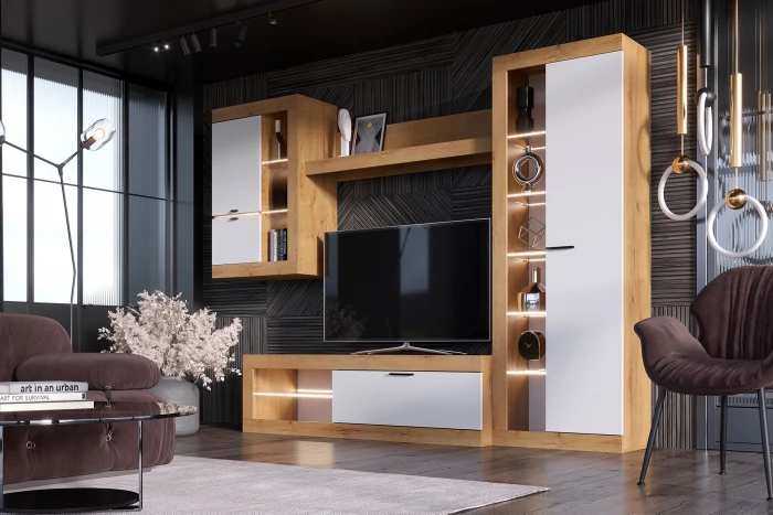 Прага Модульная Гостиная, вариант №5, вотан/Белый глянец