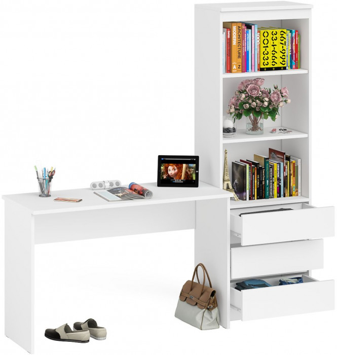 Мори письменный стол МСП1200.1 + Стеллаж МСТ600.3, белый