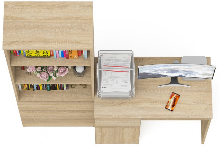 Мори Стол компьютерный МС-1 левый + Стеллаж МСТ600.3, цвет дуб сонома, ШхГхВ 150,4х50х179,6 см., выдвижной ящик слева, НЕ универсальная сборка