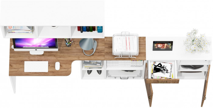 Лидер-8 Стол + Полка + Тумба МД 3.15 + Тумба МД 3.19, цвет белый шагрень/крафт золото, ШхГхВ 245х50/30х75/190 или 115х50/160х75/190 с, НЕ универс. сб.