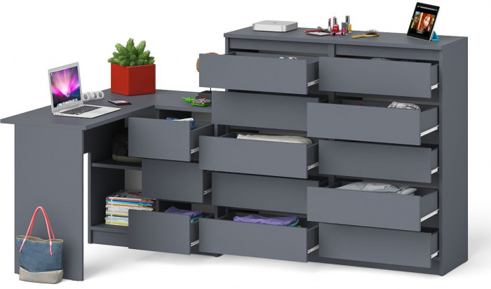 Мори Стол компьютерный МС-16 правый + Комод МК1200.10, цвет графит, ШхГхВ 244,8х84,9х115 см., выдвижные ящики справа, НЕ универсальная сборка
