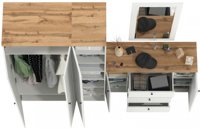 Остин Прихожая 38, цвет белый шагрень/дуб крафт золотой, ШхГхВ 240х54,3х229,6 см., универсальная сборка