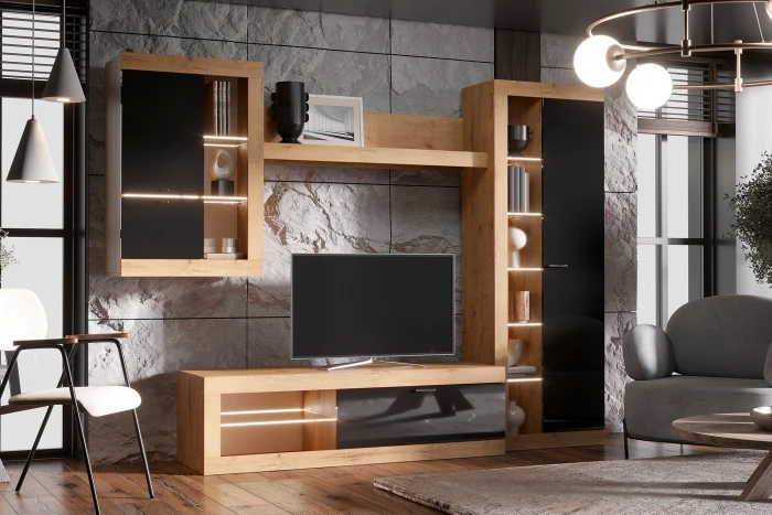 Прага Модульная Гостиная, вариант №5, Дуб Вотан/Черный глянец