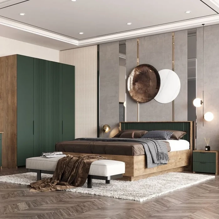 Кровать 160х200 "Герта" с ортопедическим основанием + ПМ - Дуб канзас/Зеленый матовый