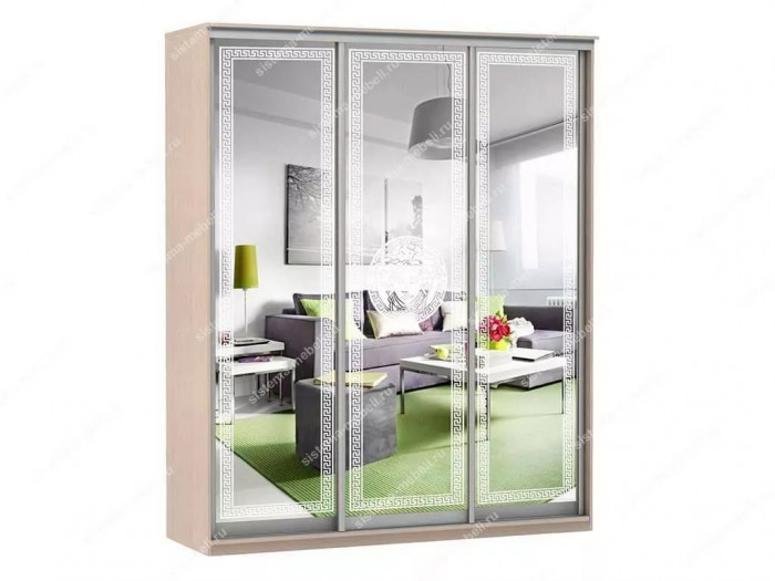 Шкаф купе Модерн 1776х450 3-х дверный 2-х секционный зеркальный с пескоструем №1 ясень