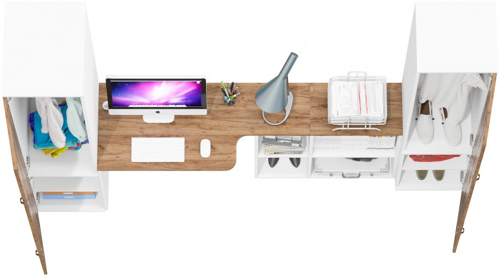 Лидер-8 Пенал МД 23Б + Стол + Пенал 21Б, цвет белый шагрень/крафт золото, ШхГхВ 245х50/37,5х75/190 или 155х120/50х75/190 см., НЕ универсальная сборка