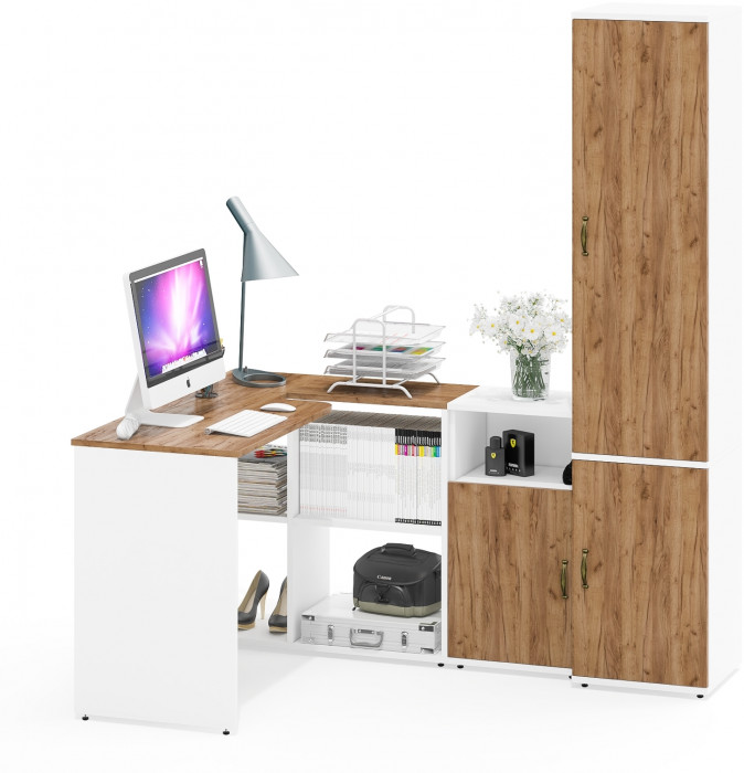 Лидер-8 Стол + Тумба МД 3.19 + Пенал МД 22Б, цвет белый шагрень/крафт золото, ШхГхВ 245х50/37,5х75/190 или 115х160/50х75/190 см., НЕ ун. сборка