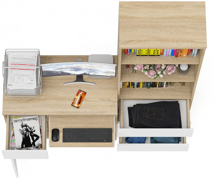 Мори Стол компьютерный МС-1 левый + Стеллаж МСТ600.3, цвет дуб сонома/белый, ШхГхВ 150,4х50х179,6 см., выдвижной ящик слева, НЕ универсальная сборка