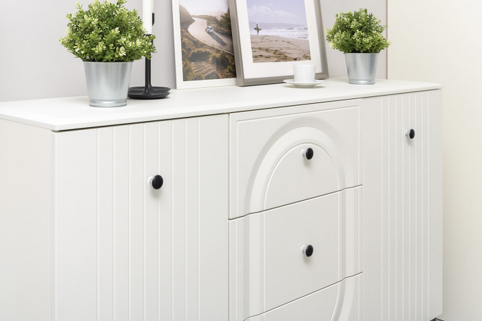 Валенсия Спальня 13.309 Комод + 13.291 Тумба прикроватная, цвет ЛДСП белый шагрень/МДФ белый шагрень, ШхГхВ 182,4х38,4х87,5 см.